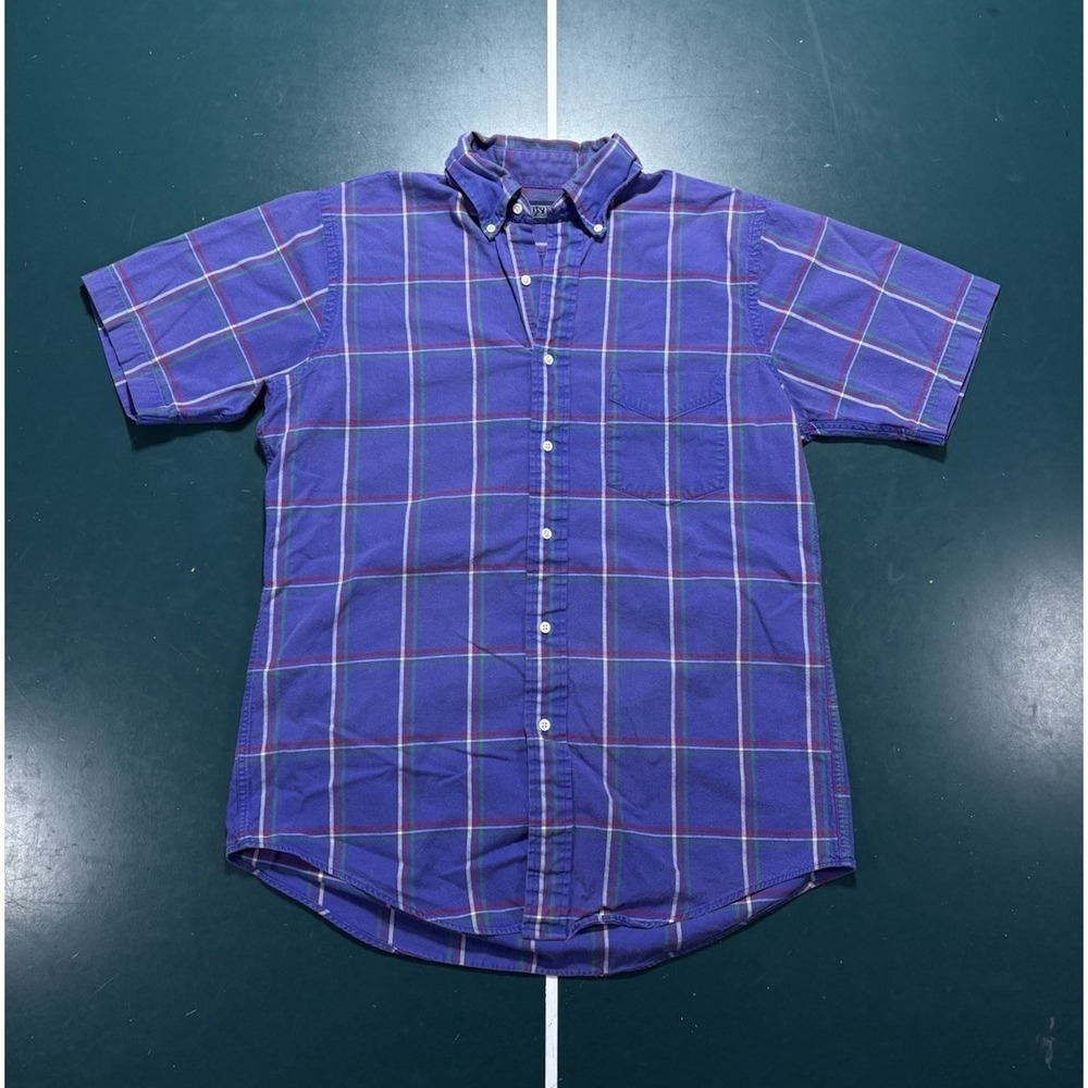 Vtg St. Johns Bay Plaid Button Down Shirt Mens Medium Purple Cotton Short Sleeve